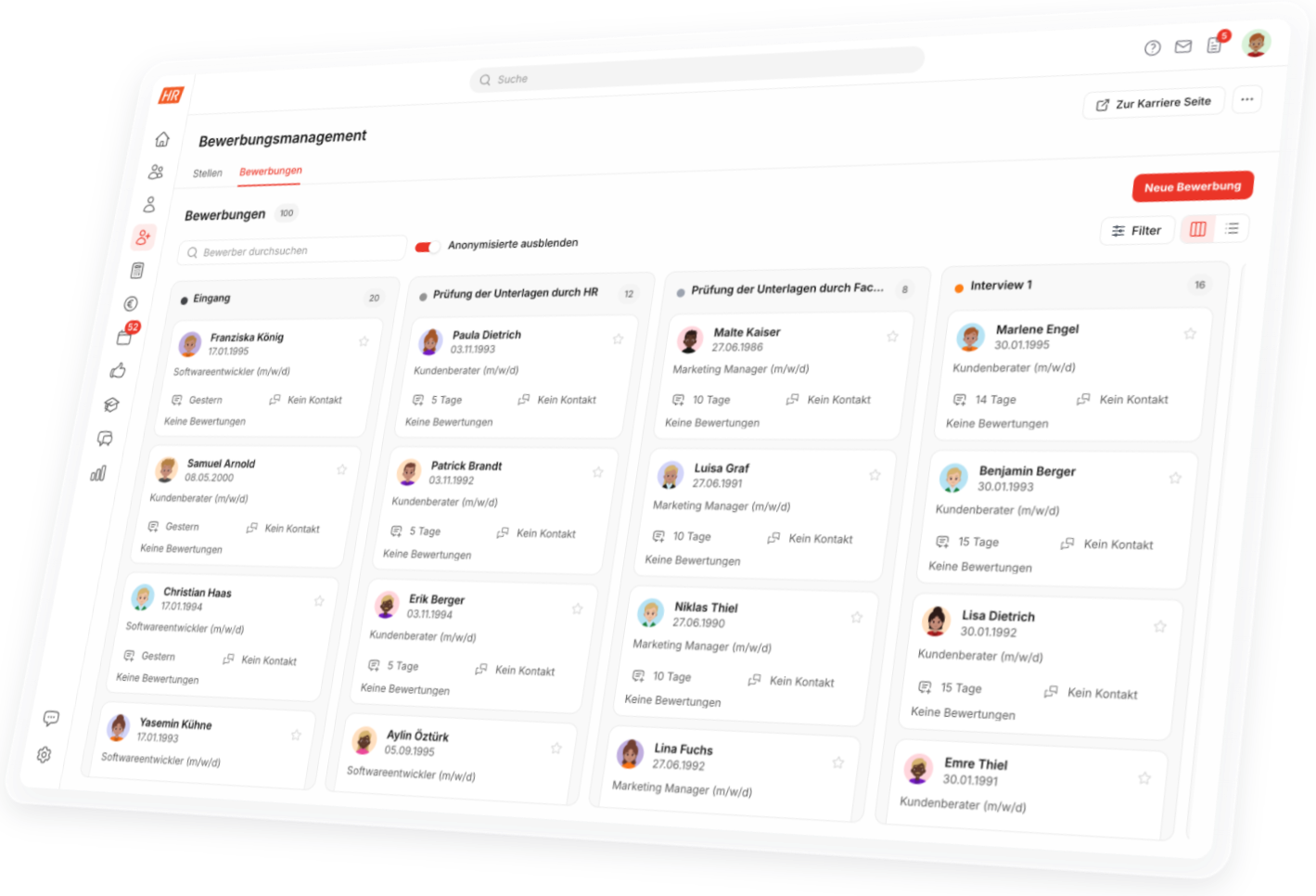HR Software HR Puls: Bewerbermanagement mit allen Bewerbungen im Kanban von Eingang bis Interview