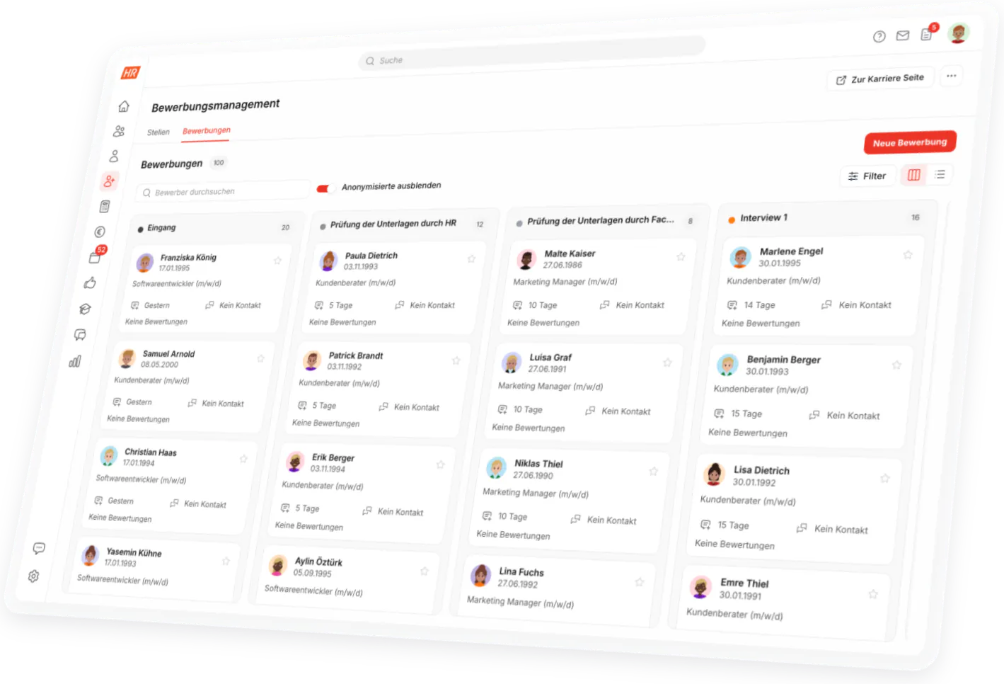 HR Software HR Puls: Bewerbermanagement mit allen Bewerbungen im Kanban von Eingang bis Interview