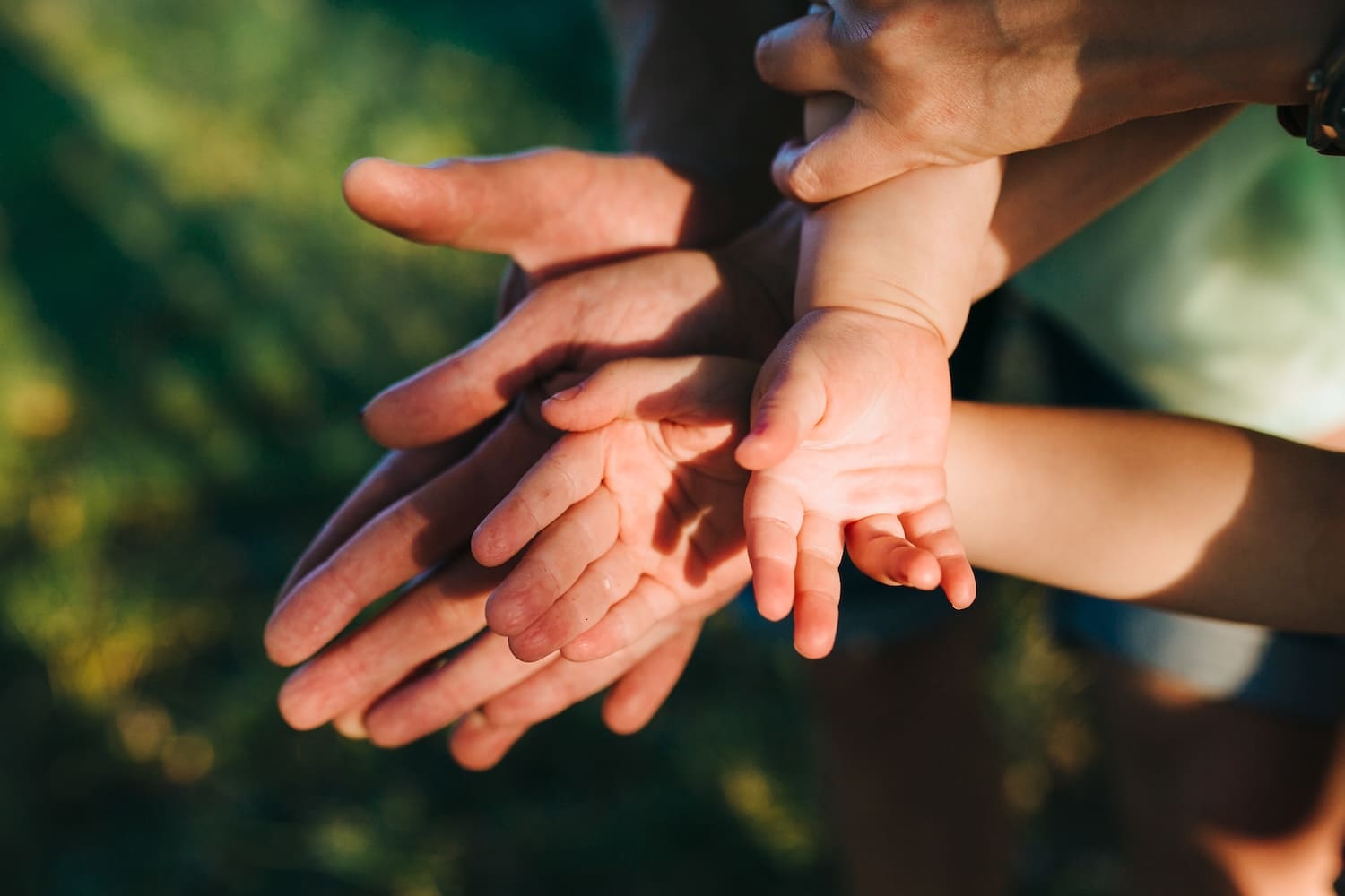 Teilzeit in Elternzeit_HR Teilzeit in Elternzeit: Kinderhände in Erwachsenenhand, Sonnenlicht im Grünen, weiche Hauttextur und warme Farben